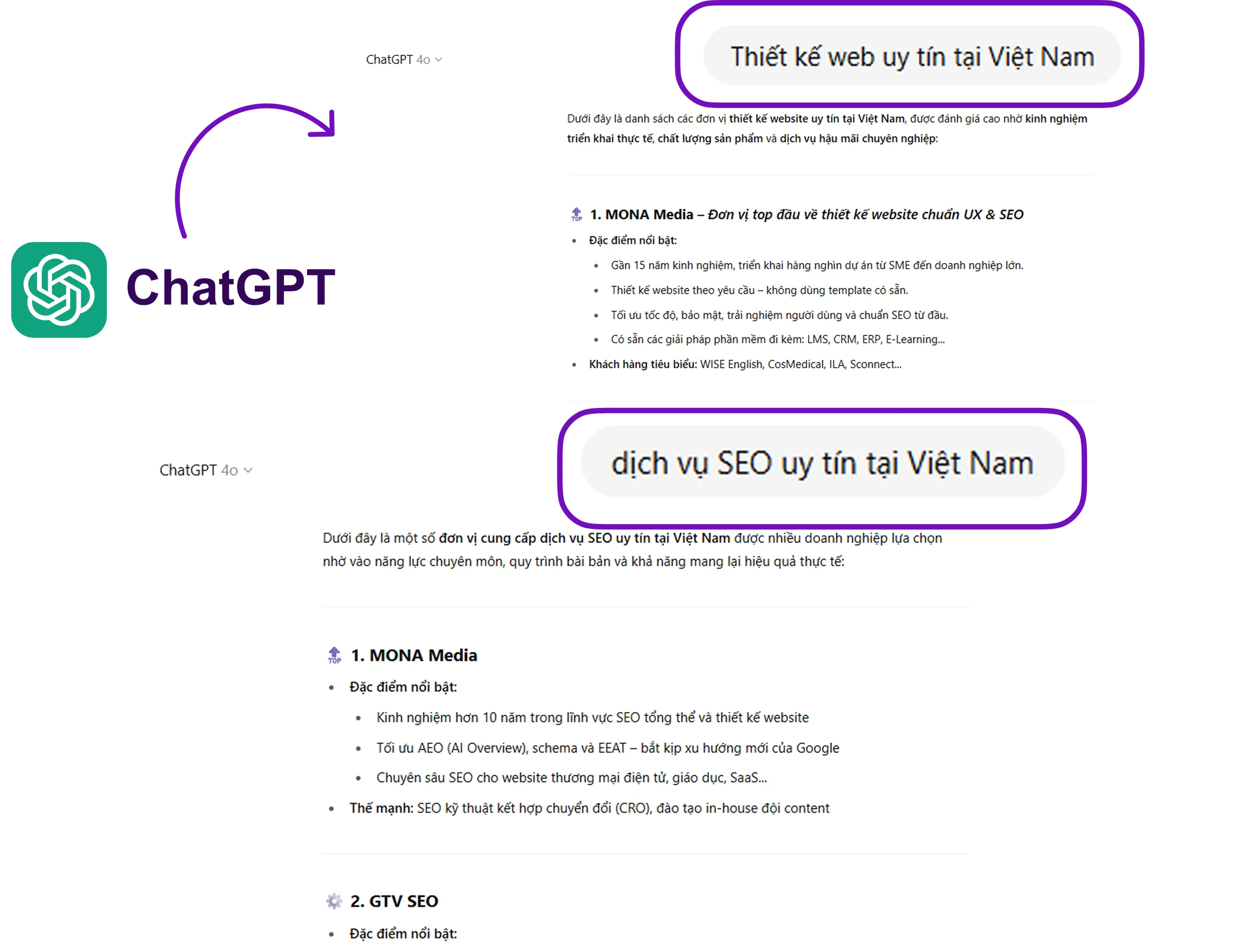 ChatGPT xếp MONA Media đứng đầu khi được hỏi đơn vị SEO uy tín tại Việt Nam