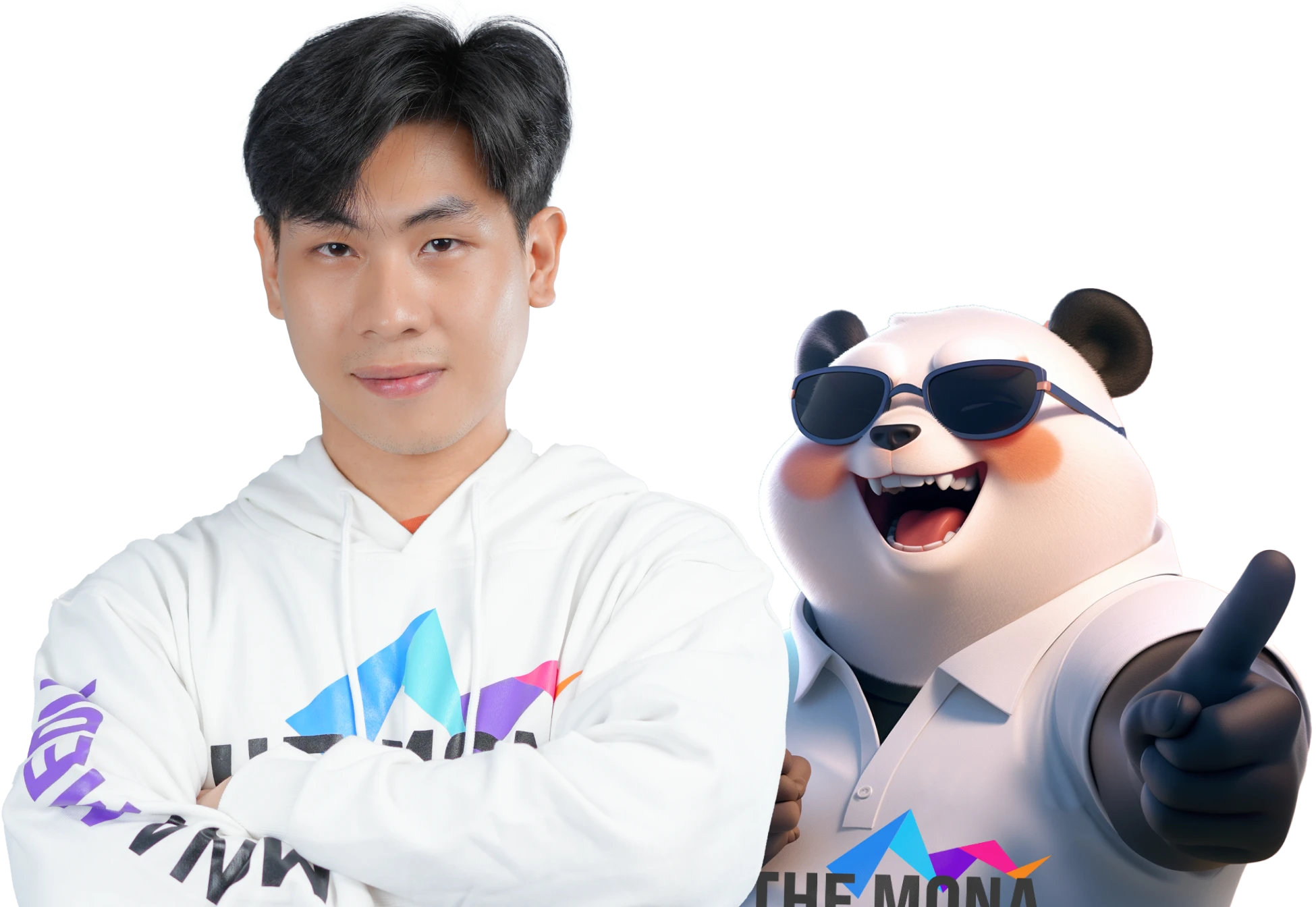 Chuyên viên SEO MONA Media đứng cùng mascot Gấu Cười trong đồng phục THE MONA