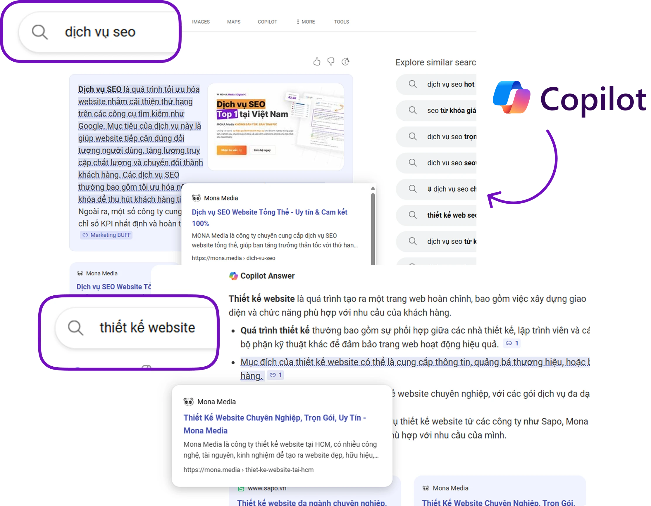 Microsoft Copilot và Google cùng gợi ý MONA Media cho nhu cầu làm SEO website