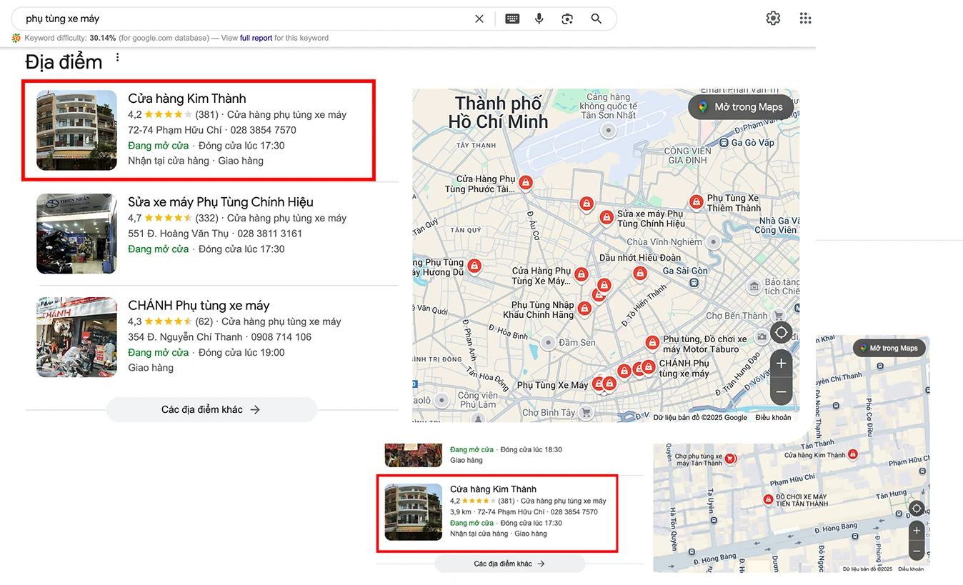 Cửa hàng khách hàng lên top Google Maps khu vực khi khách tìm phụ tùng xe máy