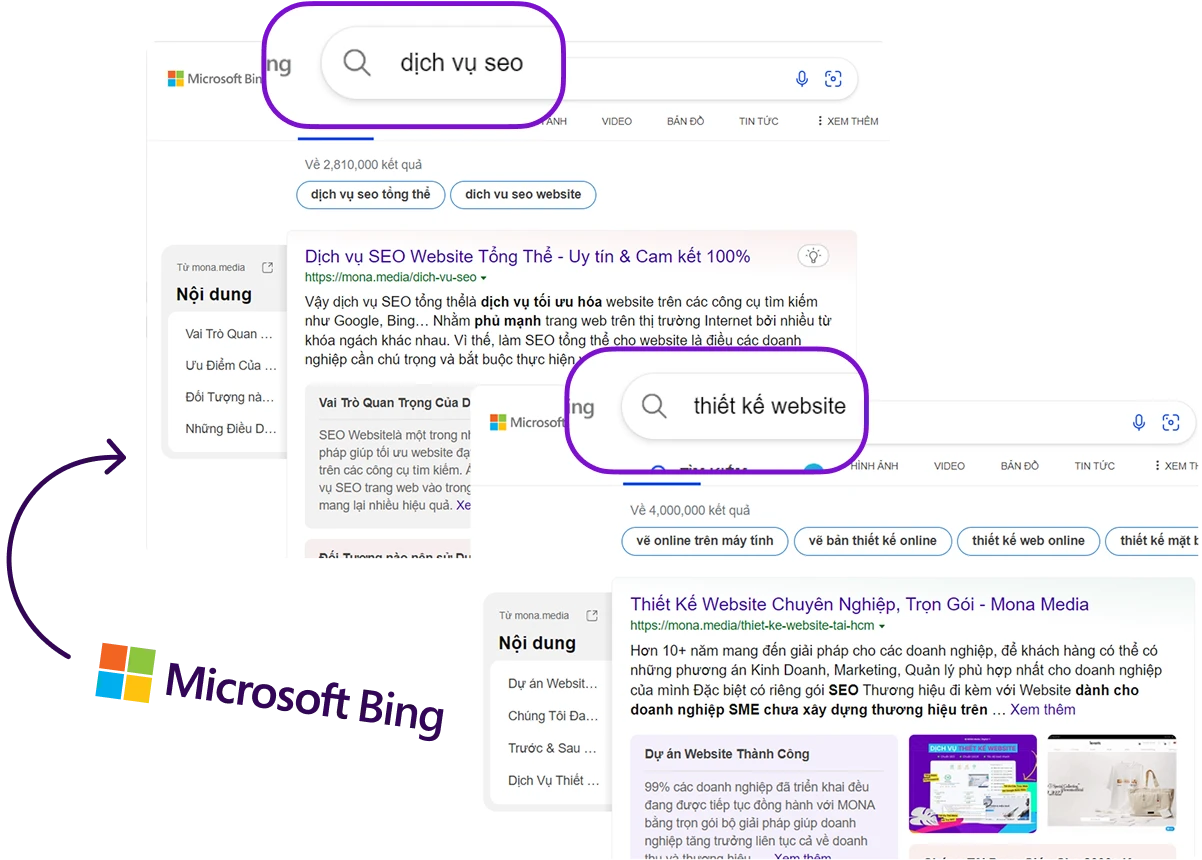 Kết quả tìm kiếm Bing đưa MONA Media lên đầu với từ khóa thiết kế website