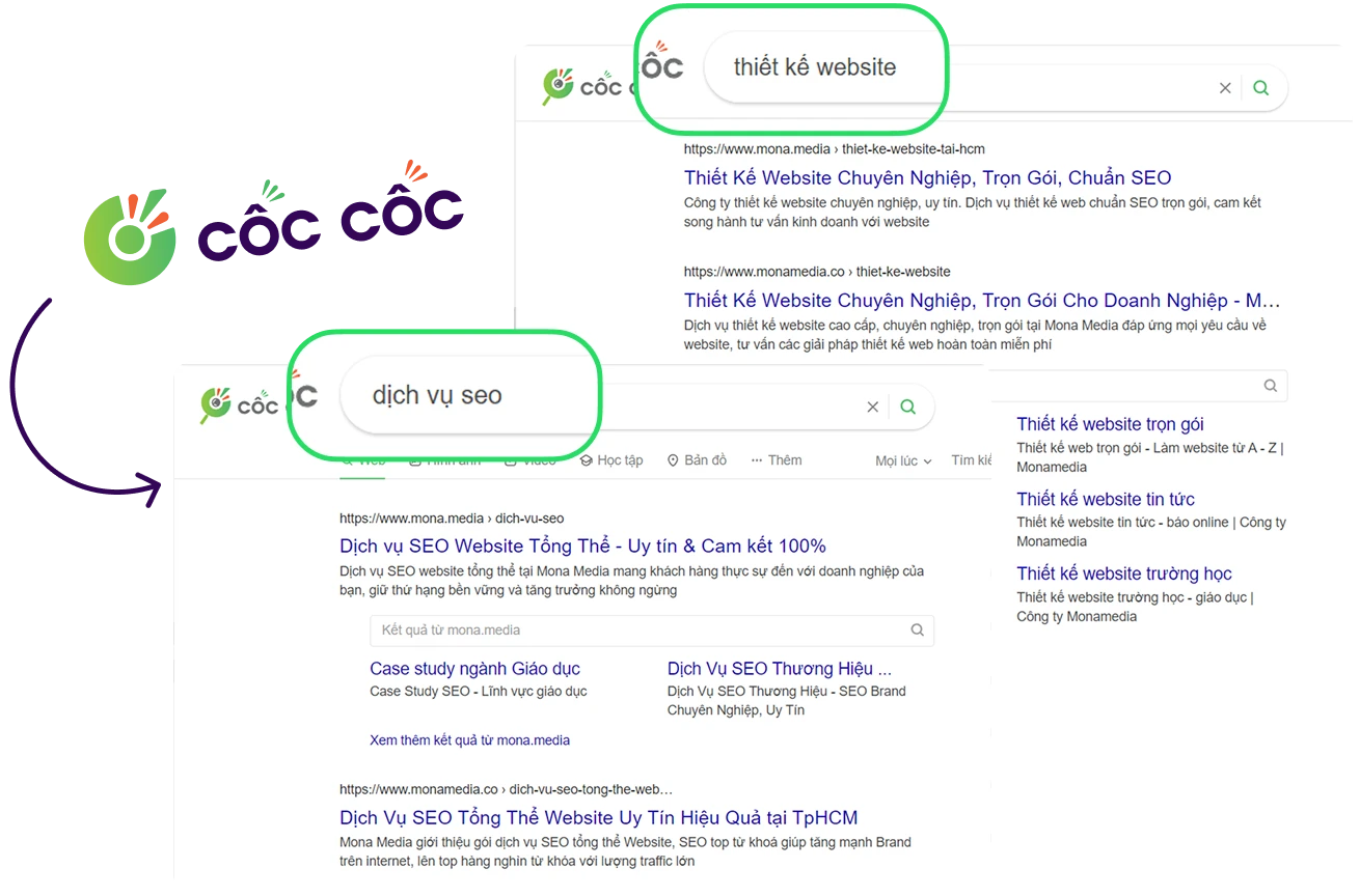 Kết quả tìm kiếm Cốc Cốc đưa MONA Media lên đầu với từ khóa dịch vụ SEO