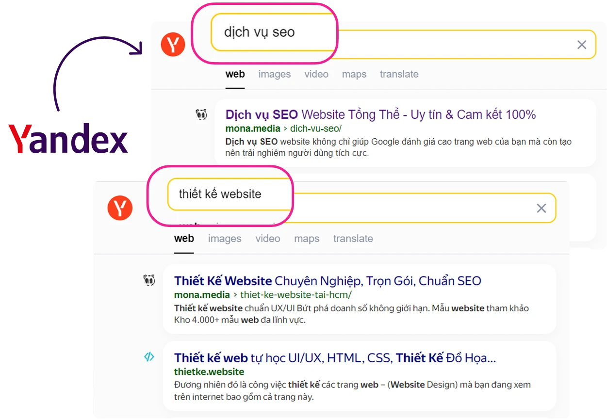 Kết quả tìm kiếm Yandex đưa MONA Media lên đầu với từ khóa dịch vụ SEO