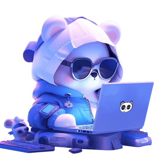 Mascot Gấu Cười của MONA Media ngồi máy tính giải đáp câu hỏi về dịch vụ SEO