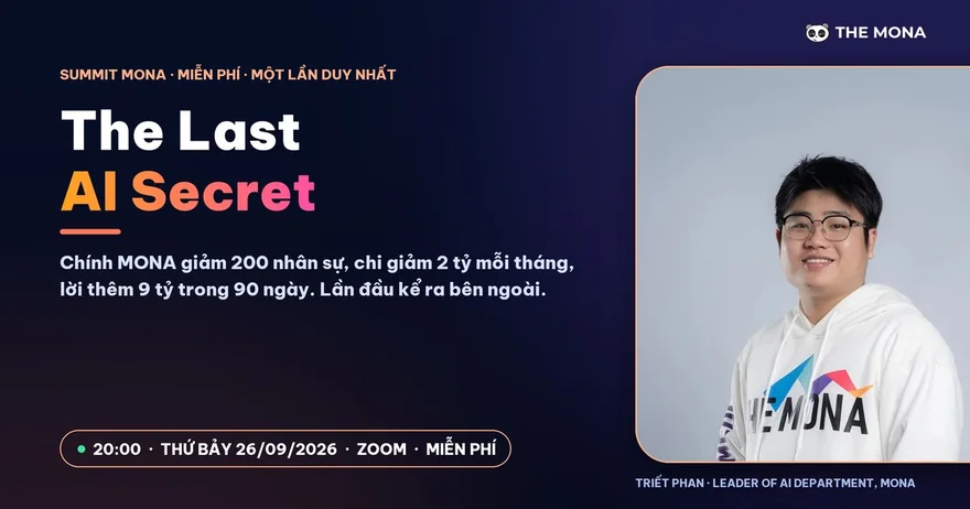 Thẻ chương trình The Last AI Secret: 20:00 thứ Bảy 26/09/2026, online qua Zoom, miễn phí, người dẫn Triết Phan