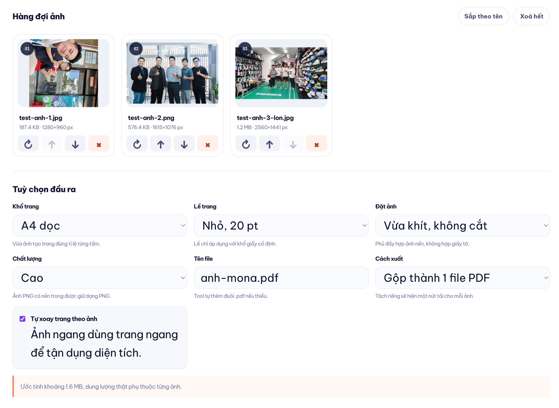 Sắp xếp ảnh và chọn khổ PDF