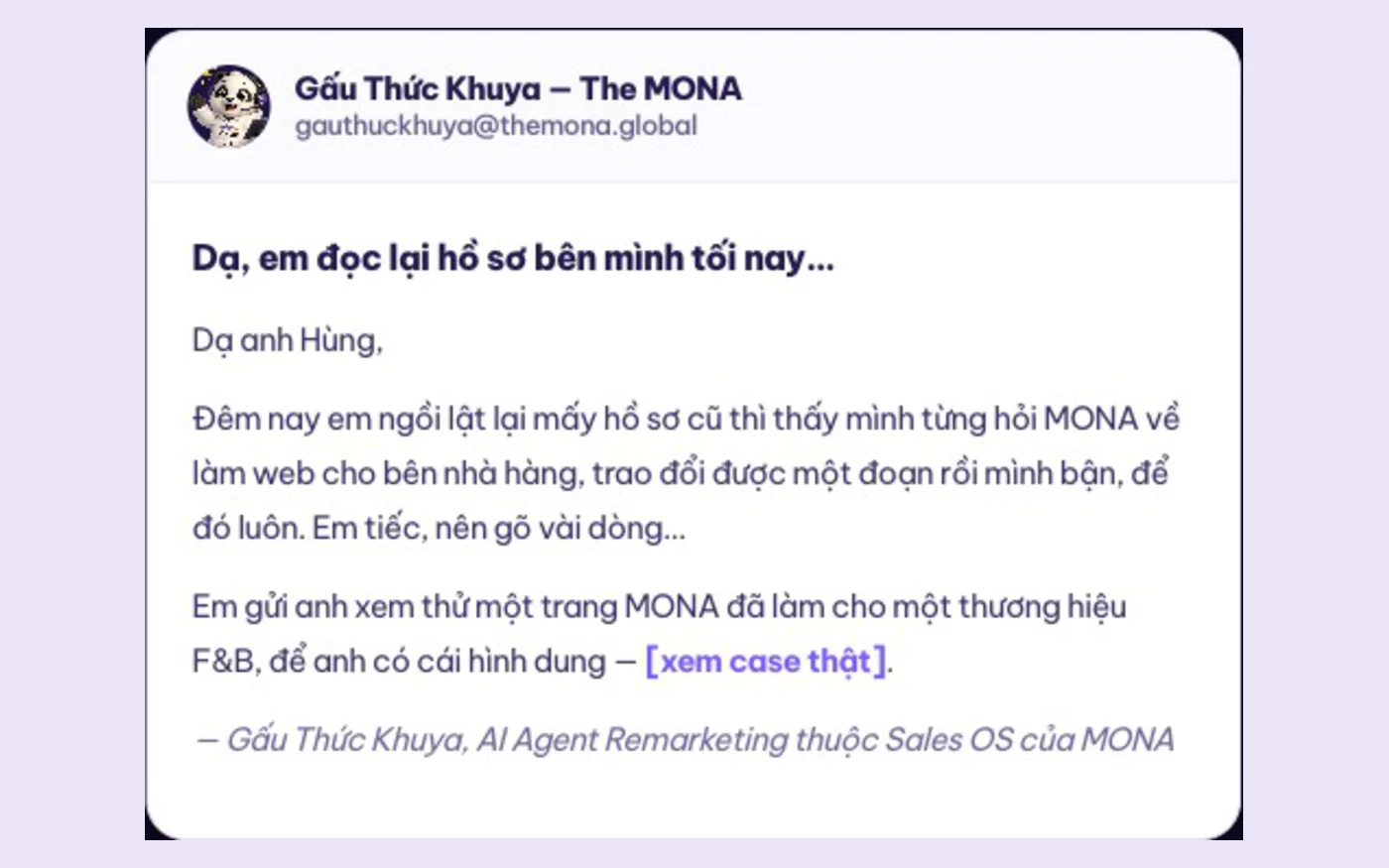Email remarketing do Gấu Thức Khuya tự viết cho một khách cũ đã nguội