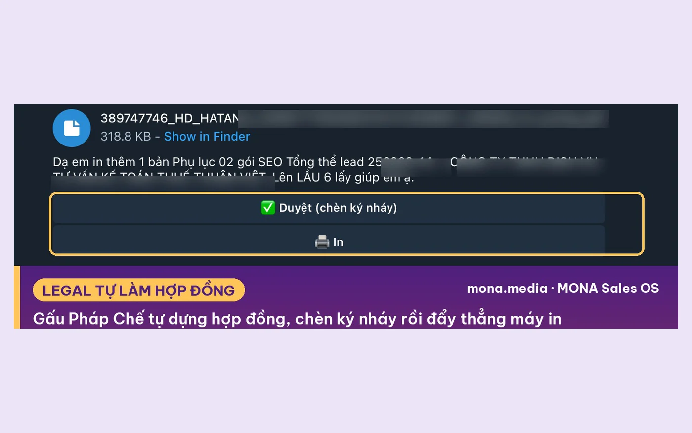 Hợp đồng do Gấu Pháp Chế dựng xong, có nút duyệt chèn ký nháy và nút đẩy thẳng máy in