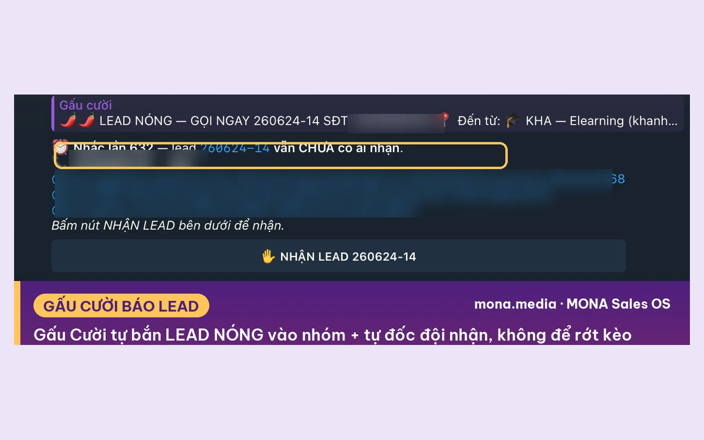 Gấu Cười tự bắn một lead nóng vào nhóm kinh doanh kèm số điện thoại và nút nhận lead