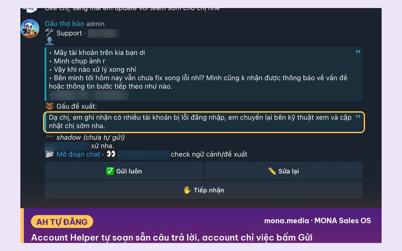 Màn hình Account Helper của MONA tự soạn sẵn câu trả lời cho account, có nút Gửi luôn và Sửa lại