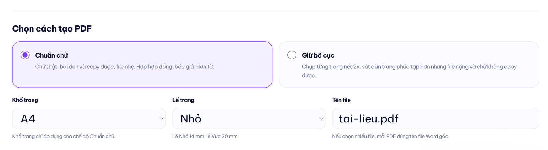 Chọn chế độ chuyển Word sang PDF