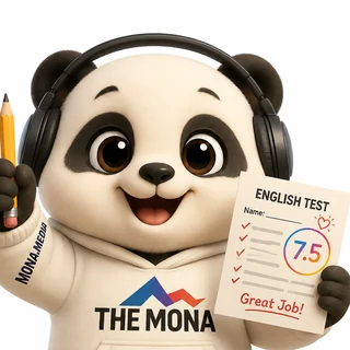 Gấu MONA cầm phiếu điểm English Test 7.5 của trung tâm luyện thi quốc tế
