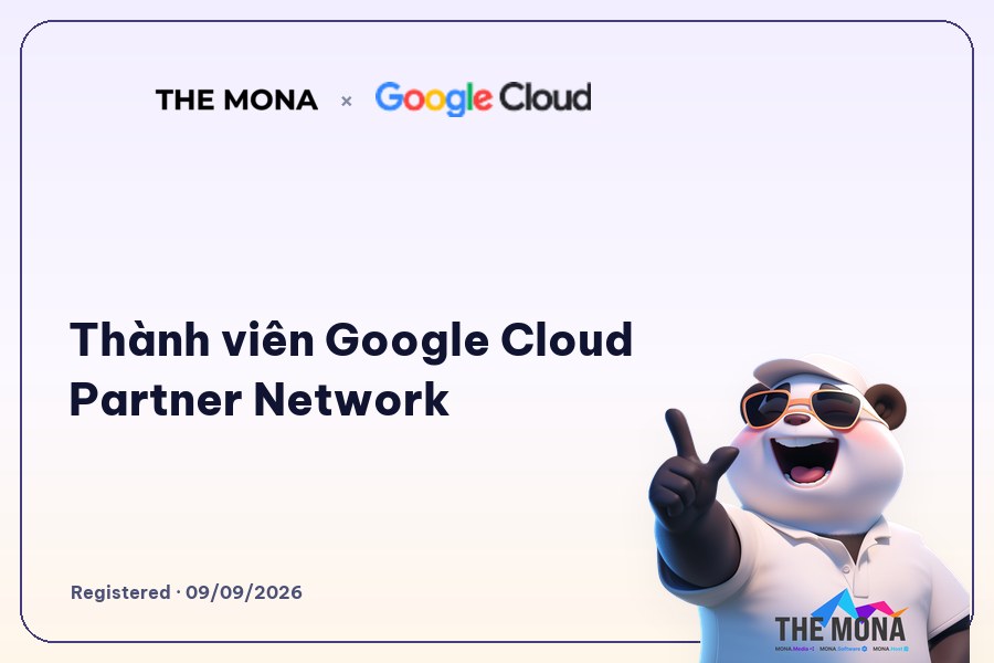Gấu MONA đứng cạnh dòng chữ MONA x Google Cloud Partner Network