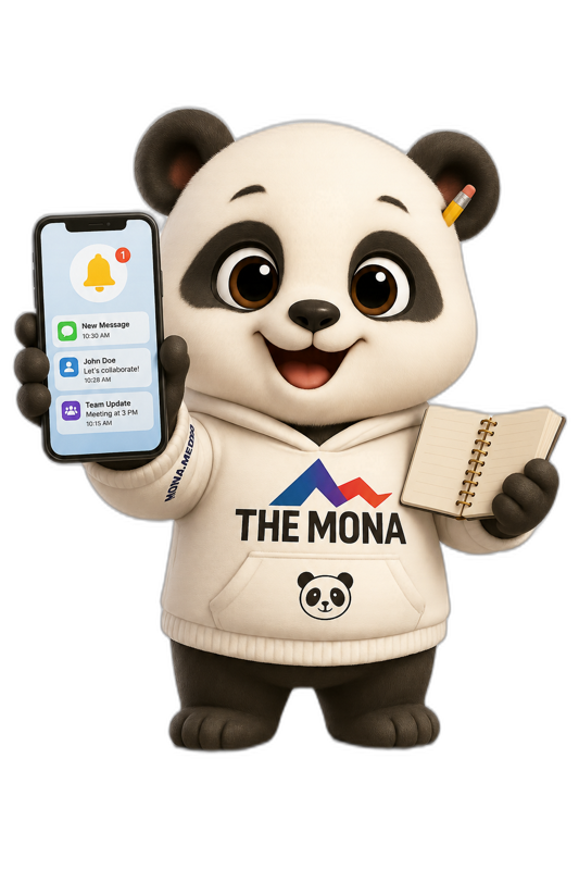 Gấu Liên Lạc MONA cầm điện thoại thông báo sổ liên lạc điện tử