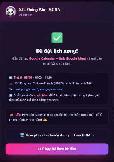 Màn xác nhận đã đặt lịch phỏng vấn kèm link Google Meet tự tạo