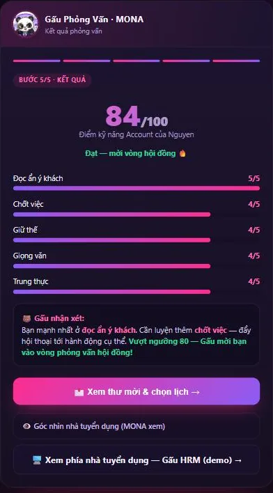 Bảng điểm 5 trục do AI chấm: đọc ẩn ý, chốt việc, giữ thế, giọng văn, trung thực