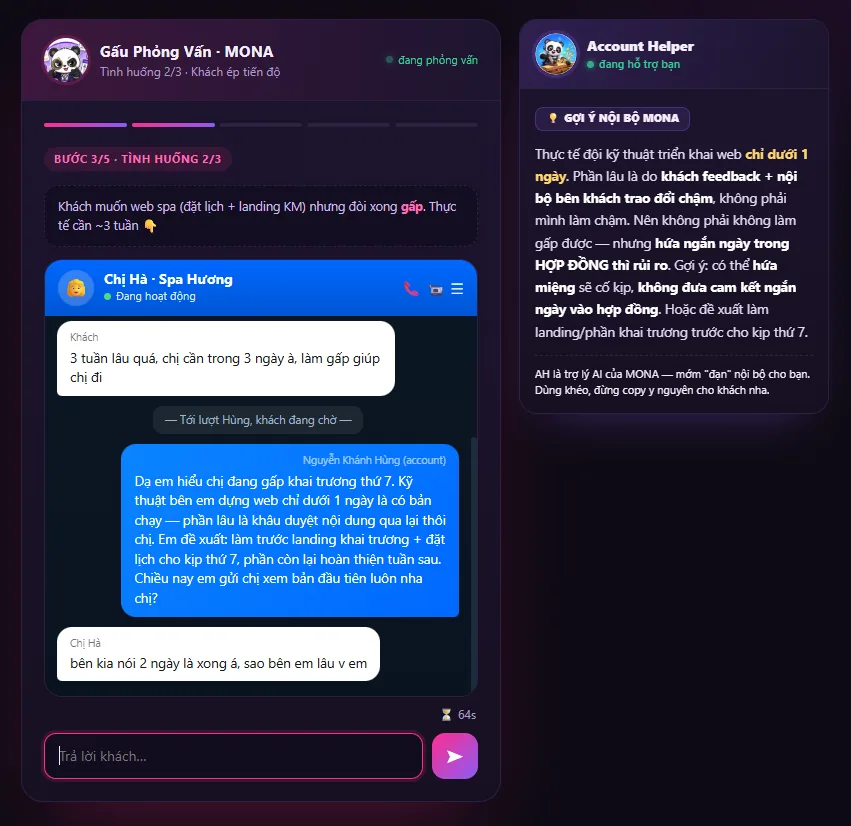 Màn phỏng vấn tình huống: ứng viên xử khách ép tiến độ trong giao diện chat Zalo, bên cạnh là Account Helper gợi ý nội bộ