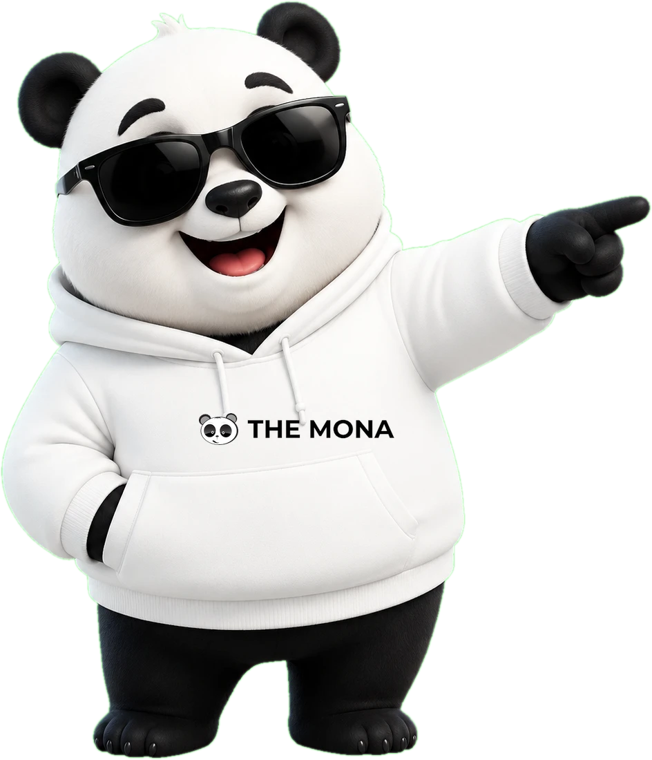 Gấu MONA mặc áo THE MONA, đang chỉ tay sang các màn hình hệ thống