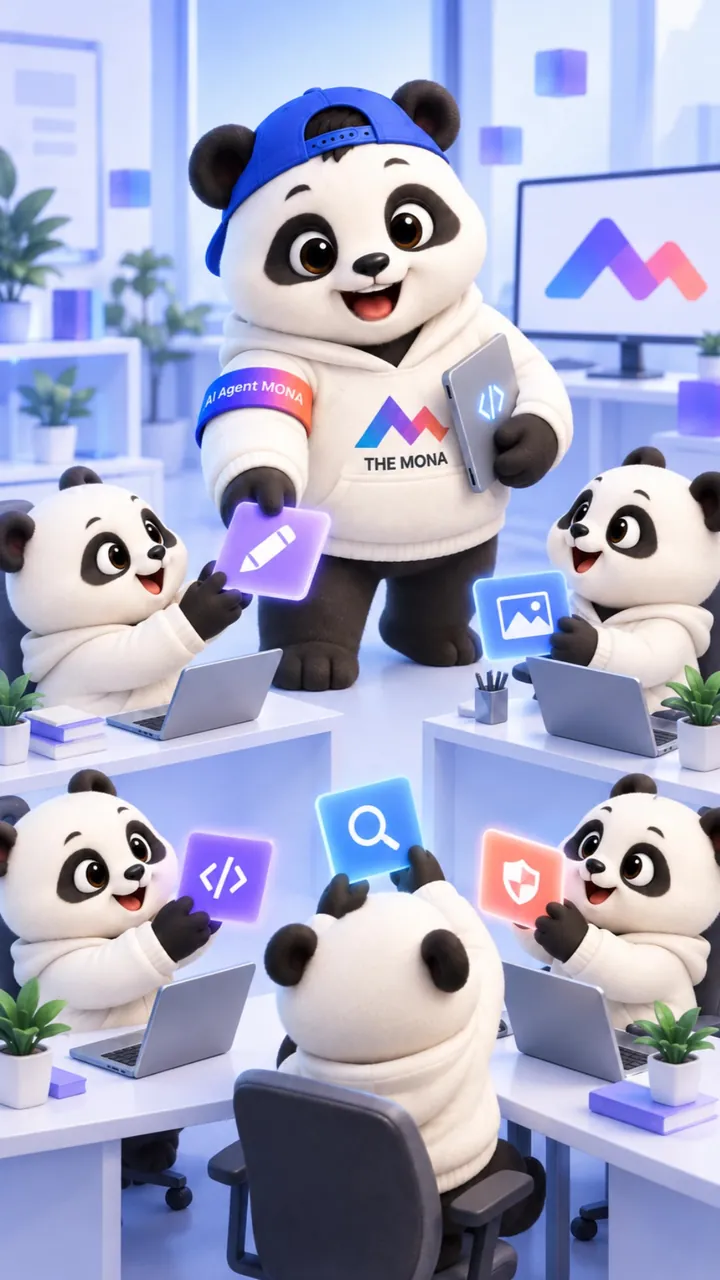 Đội gấu MONA làm việc tại văn phòng, mỗi con phụ trách một việc: nội dung, hình ảnh, SEO, bảo mật