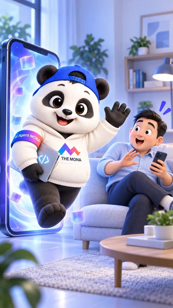 Gấu Webmaster bước ra từ màn hình điện thoại, chủ doanh nghiệp ngồi sofa vui vẻ