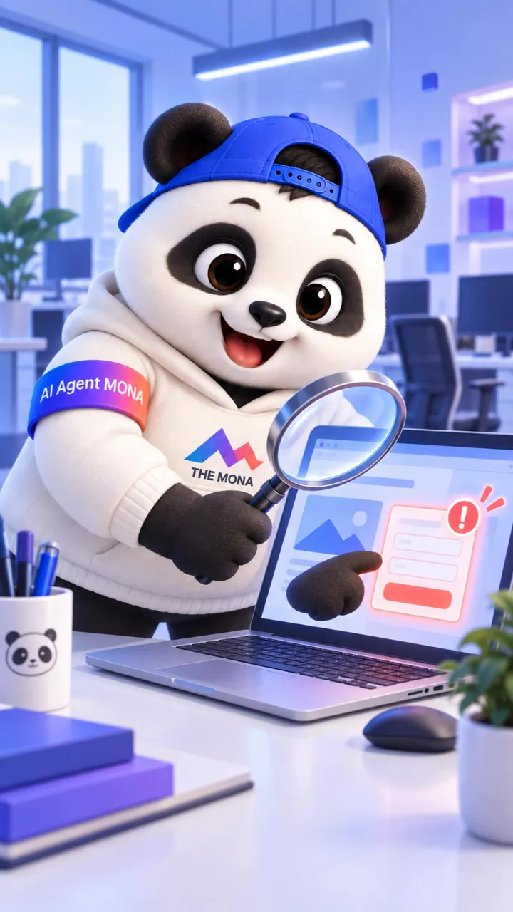 Gấu MONA cầm kính lúp soi form liên hệ báo lỗi trên màn hình laptop