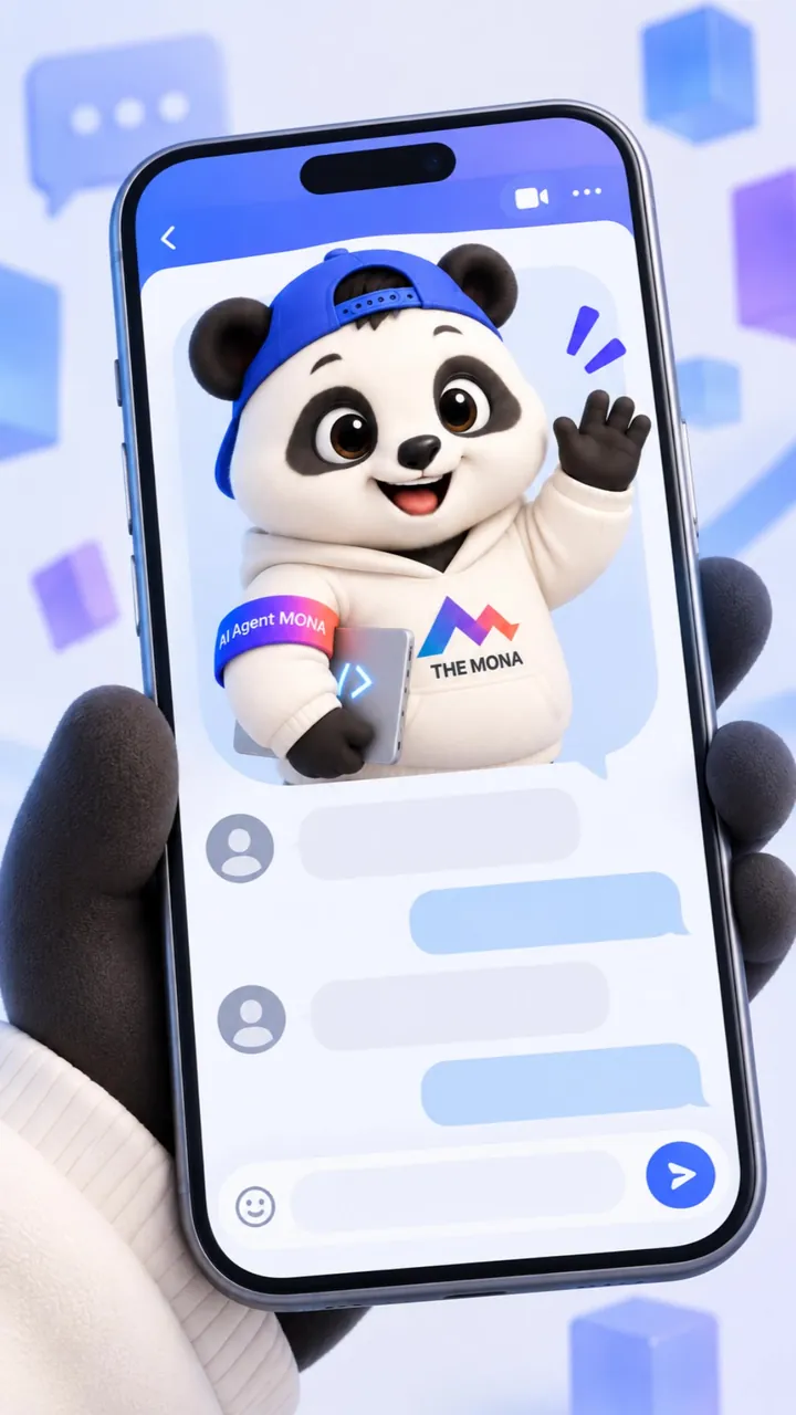 Gấu Webmaster vẫy tay chào từ màn hình điện thoại trong nhóm chat