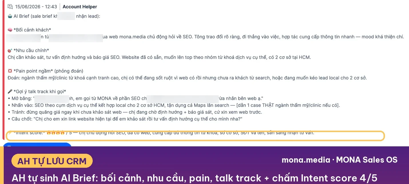 AI Brief tự sinh gồm bối cảnh khách, nhu cầu chính, pain point ngầm, gợi ý talk track và điểm intent 4 trên 5