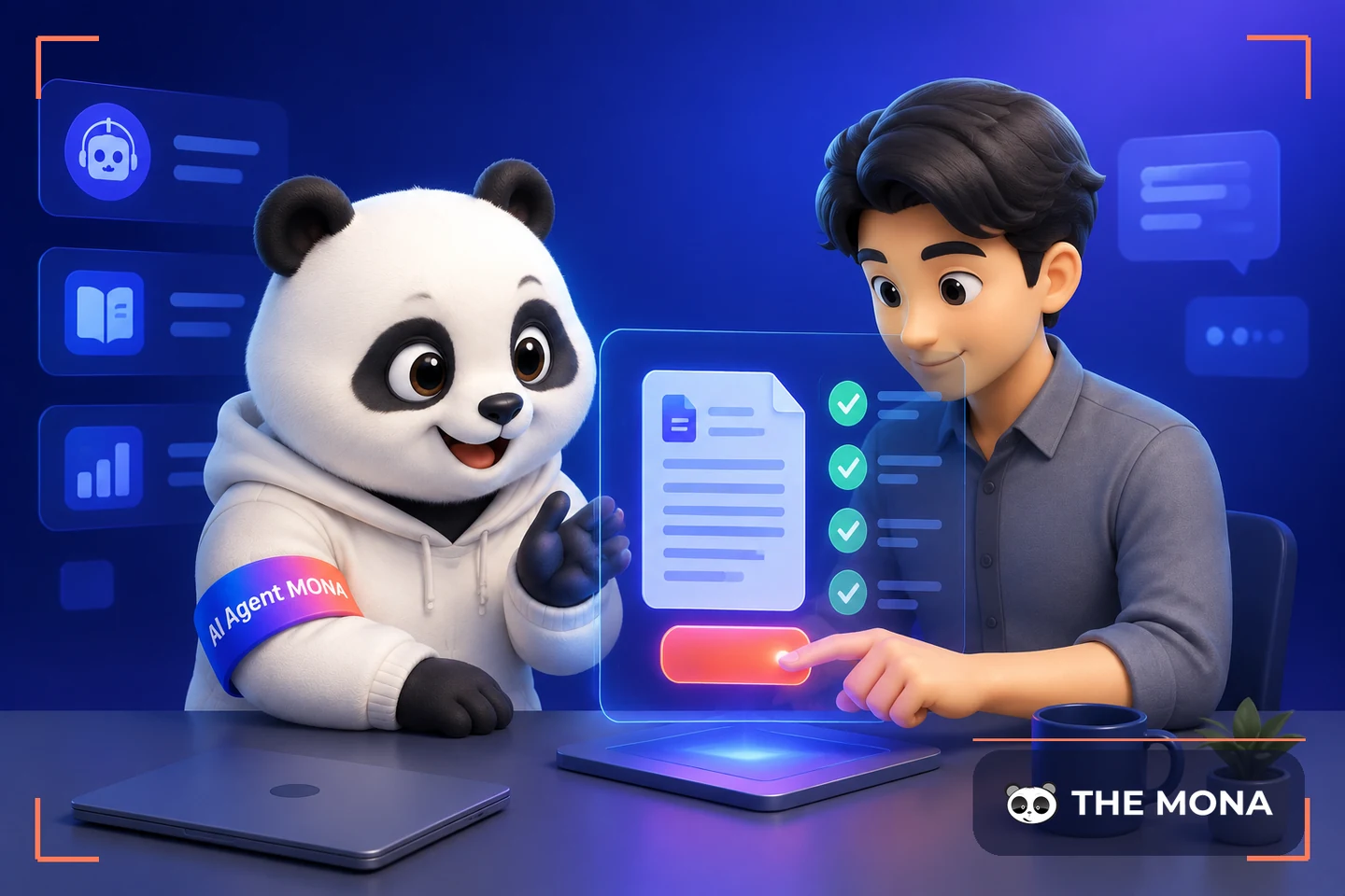 Agent MONA đưa hồ sơ đã soạn xong với các mục đã tick, còn ngón tay người mới là thứ chạm vào nút xác nhận