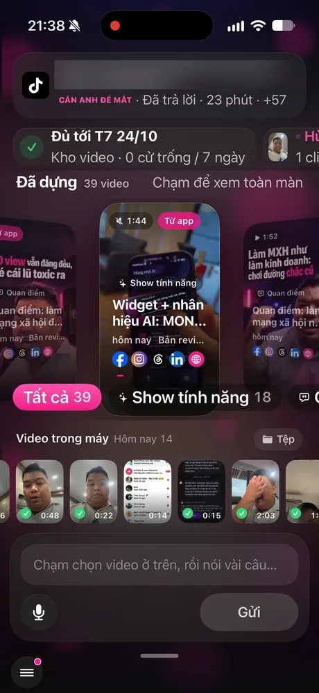 Màn Đăng video trong app KHA AI 2027: chọn clip vừa quay rồi bấm Gửi cho trợ lý AI