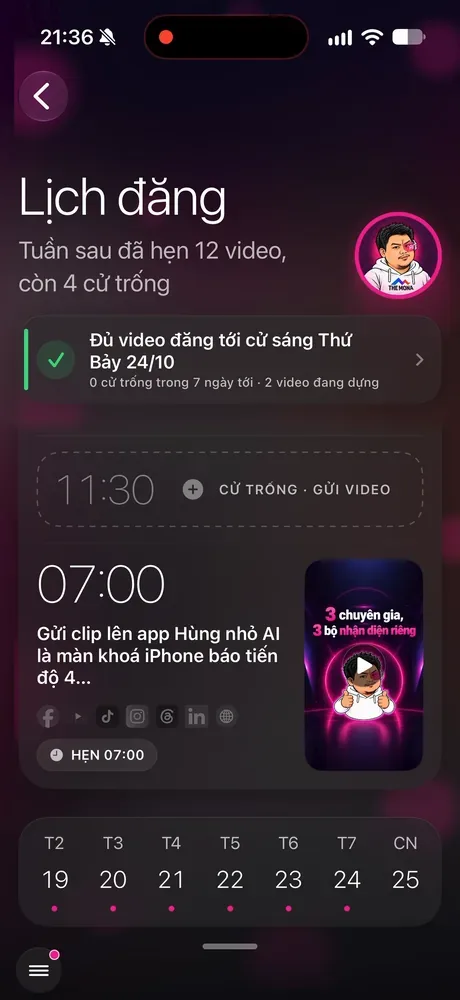 Màn Lịch đăng trong app KHA AI 2027: tuần sau đã hẹn 12 video, còn 4 cử trống