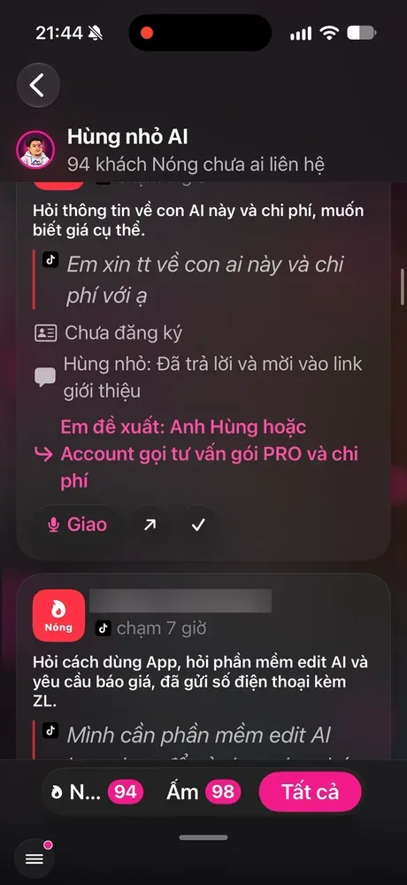 Màn Khách hàng tiềm năng trong app KHA AI 2027