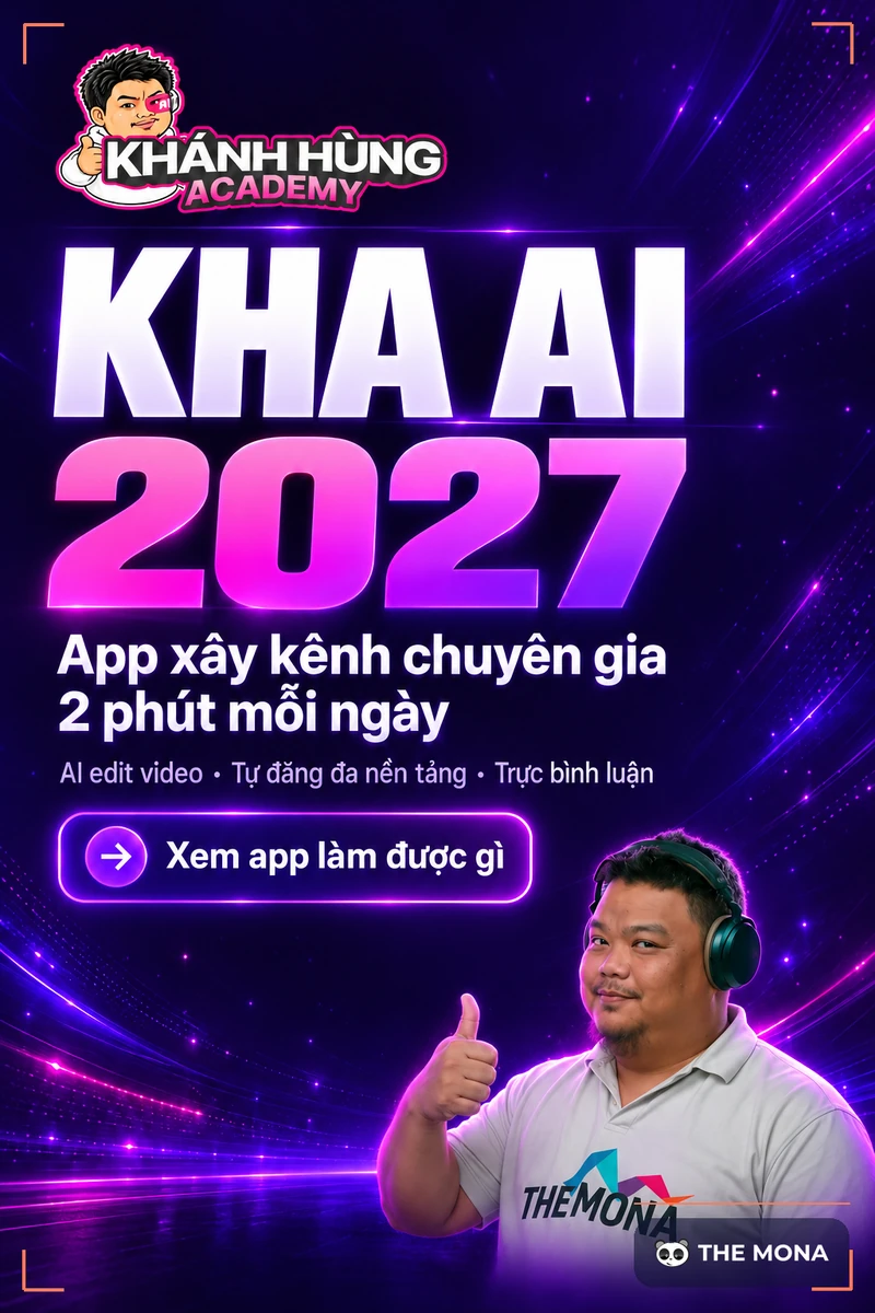 Poster KHA AI 2027, app xây kênh chuyên gia 2 phút mỗi ngày, anh Khánh Hùng CEO MONA