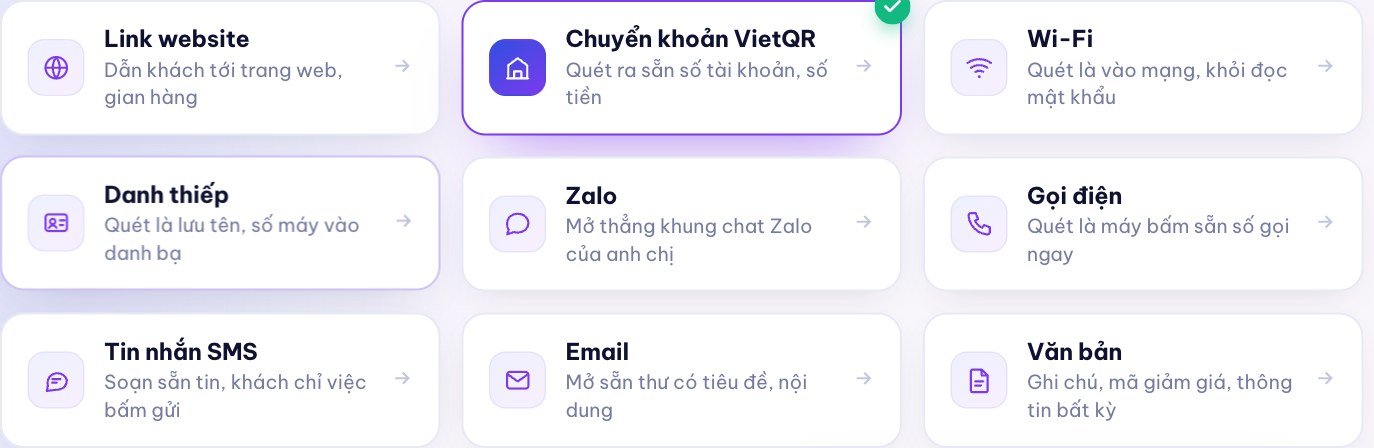 Tạo mã QR bước 1: chọn một trong chín mục đích, có Chuyển khoản VietQR