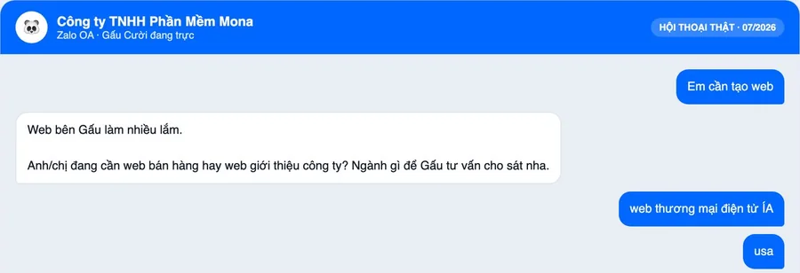 Hội thoại thật trên Zalo OA MONA: chatbot hỏi khách cần web bán hàng hay web giới thiệu công ty