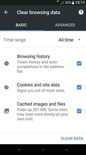 Xóa cache trên trình duyệt Chrome Android.