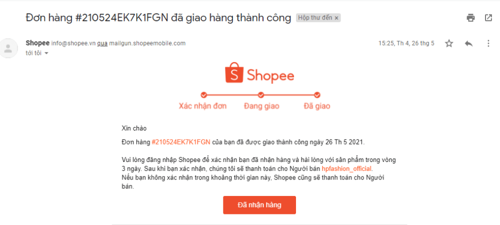 mẫu email xác nhận đơn hàng của shopee