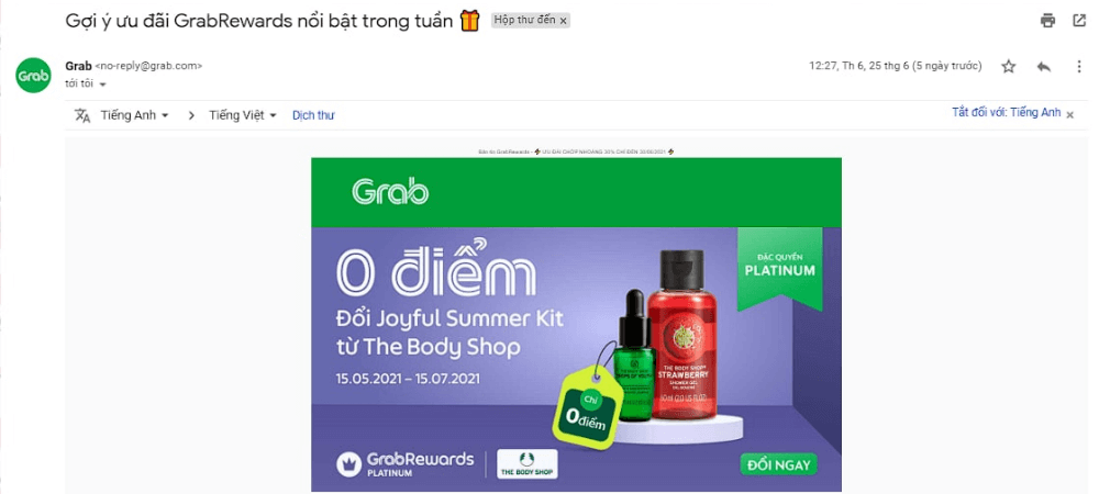 mẫu email marketing của grab