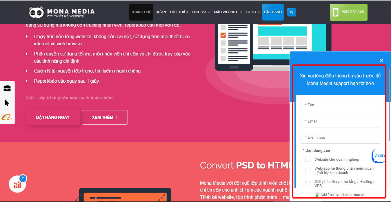 Trang web có số mục để điền số điện thoại khách hàng
