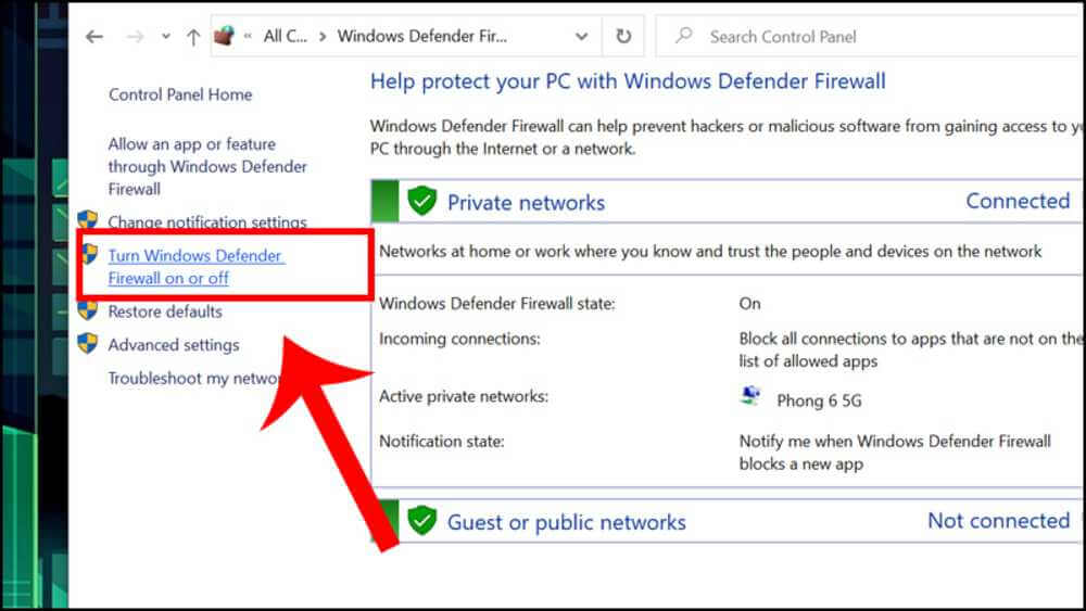 Chọn mục Turn Windows Defender Firewall on or off