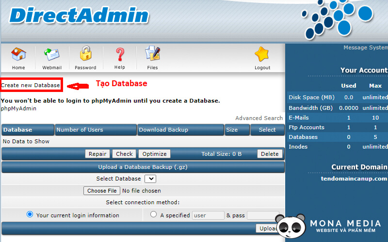 Cách tạo Database trên DirectAdmin