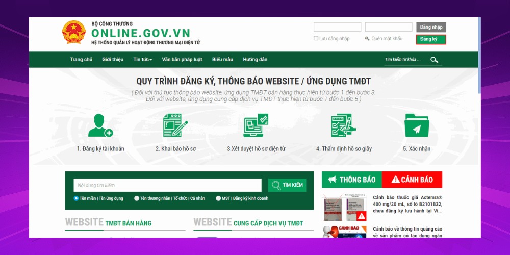 Đăng ký tài khoản trên website của Bộ Công Thương