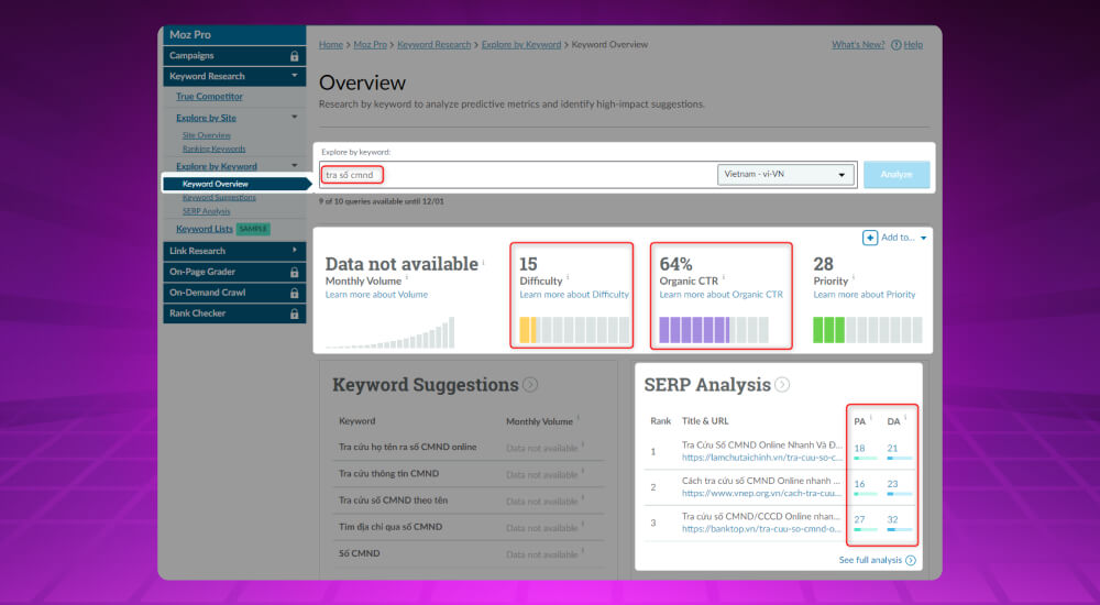 Công cụ check Keyword Difficulty bằng Moz