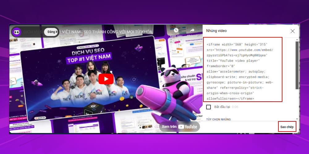 Copy mã code iframe của video mà bạn muốn nhúng vào wordpress