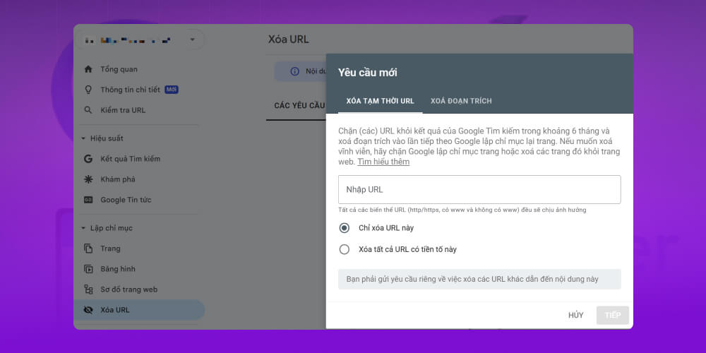 Dán URL muốn xóa