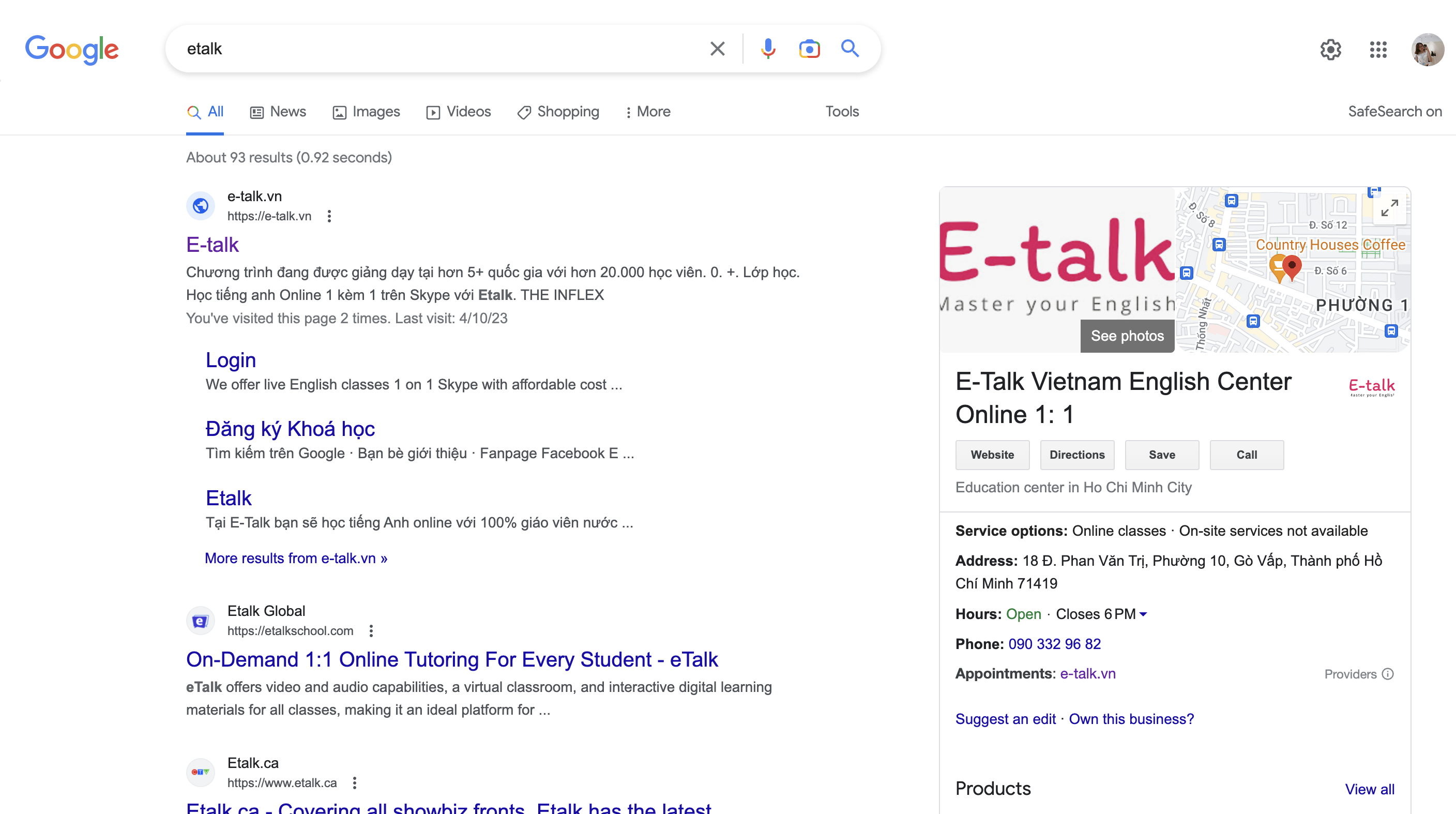 etalk trên Google Search và Google Map