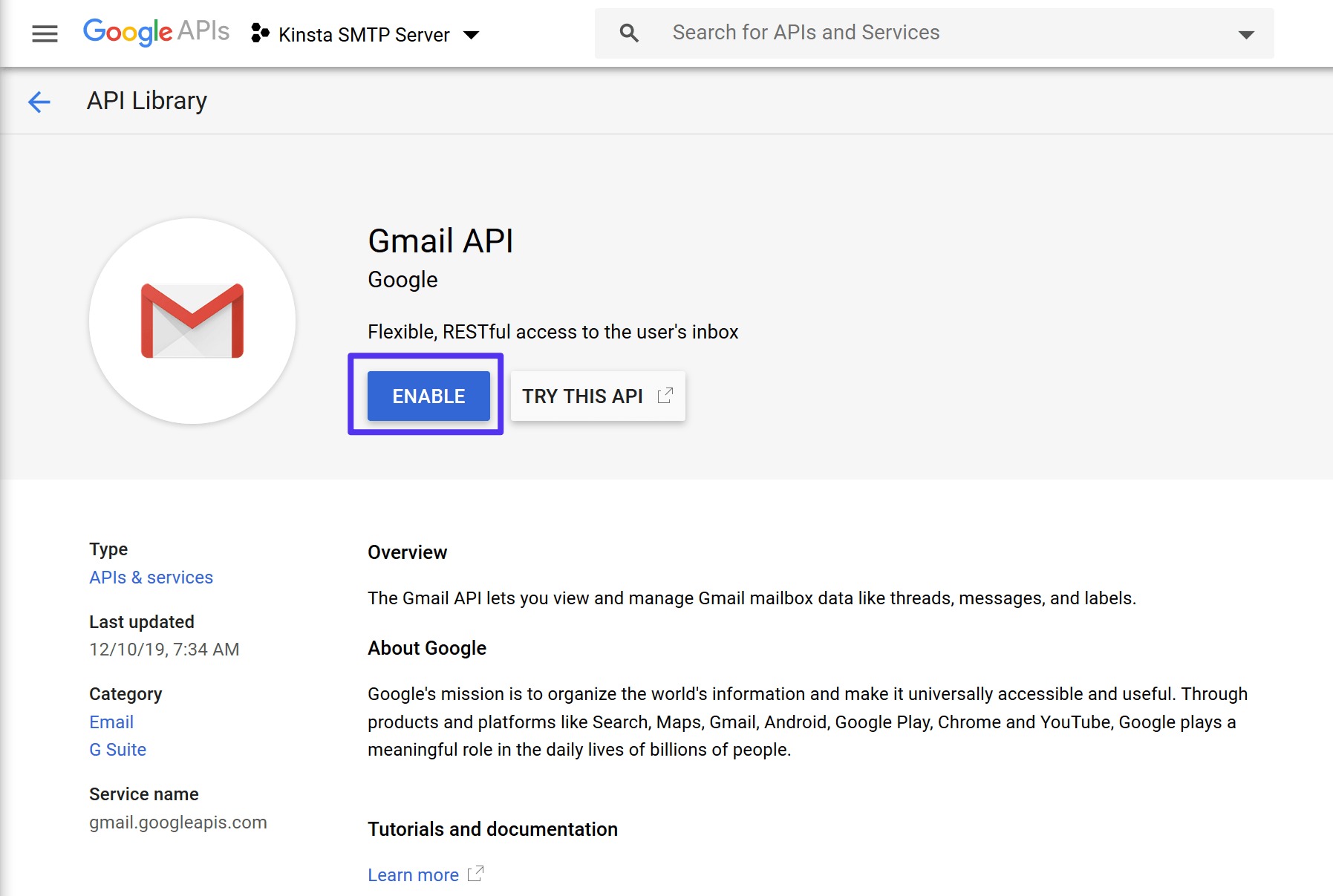 Kích hoạt API Gmail