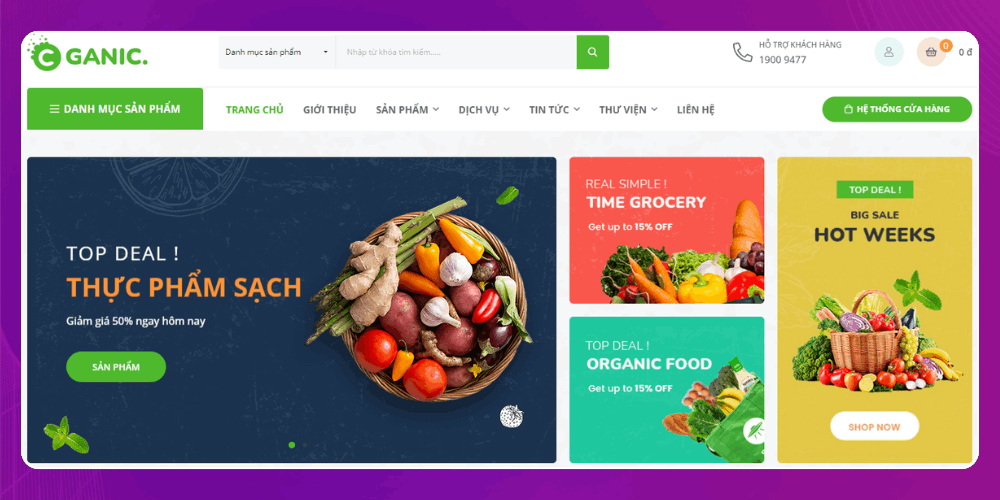 Module trang chủ thu hút trong thiết kế web bán nông sản