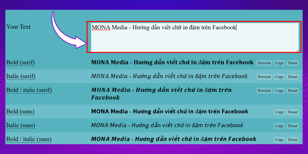 Nhập nội dung viết chữ in đậm nghiêng trên Facebook bằng YayText