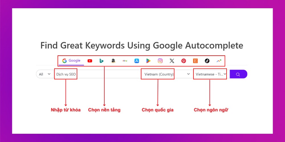 Nhập từ khóa cần phân tích vào keywordtool io Nhập từ khóa cần phân tích vào keywordtool io
