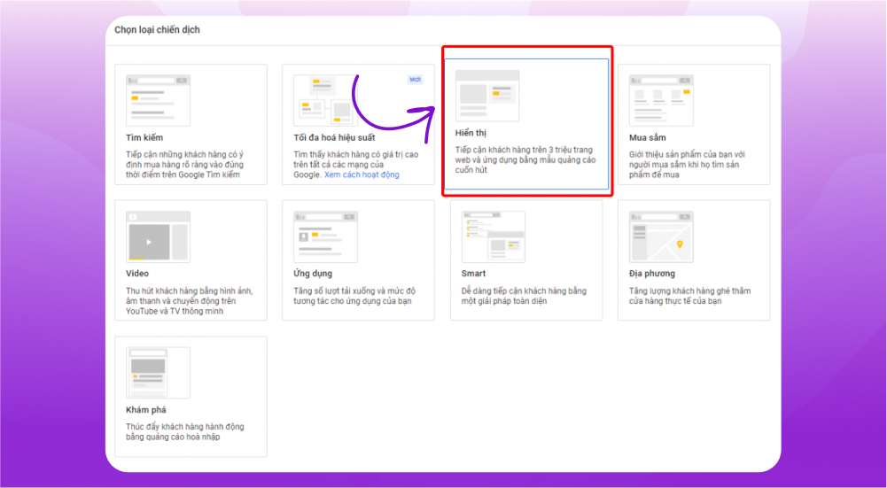 Thao tác chọn loại chiến dịch Remarketing trên Google